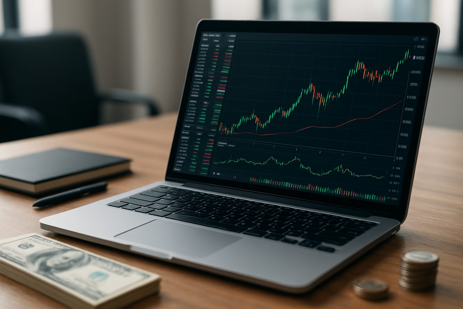 A laptop displaying a trading chart next to a stack of cash and coins on a wooden desk
