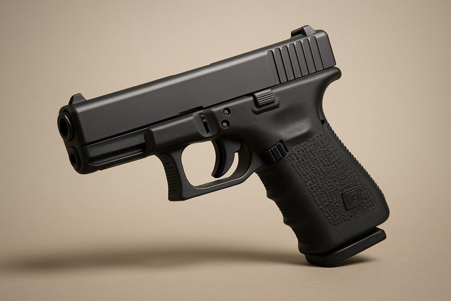 Side view of a Glock 19 handgun on a neutral background