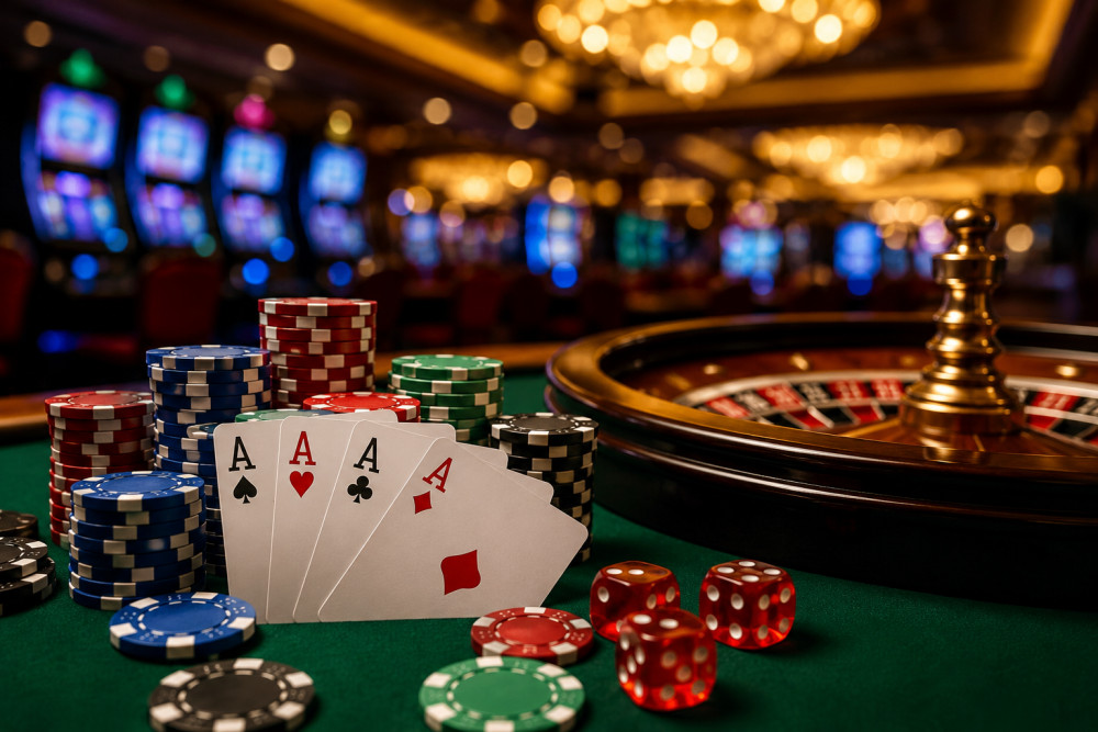 Playing cards and poker chips set on a green felt table in a casino environment