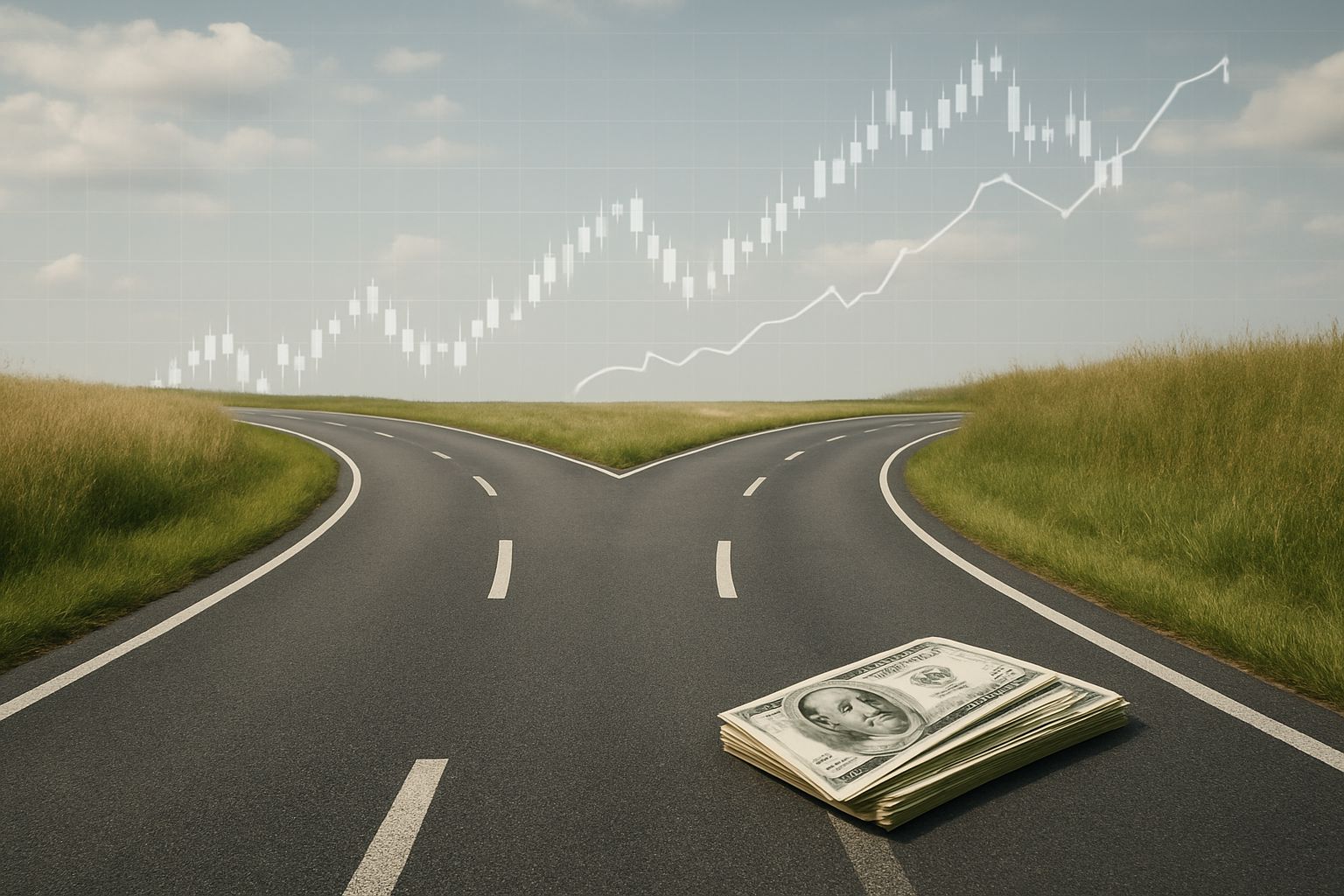 A fork in the road with a stack of money in the foreground and a financial chart backdrop
